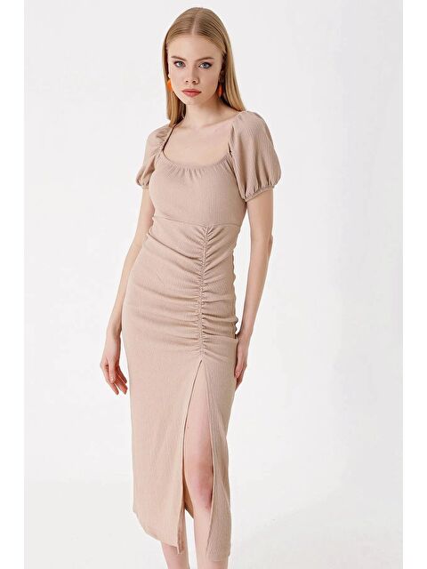 Hazelin Kadın Bej Yırtmaçlı Yazlık Örme Elbise HZL23S-BD123961 - S000059158-19928