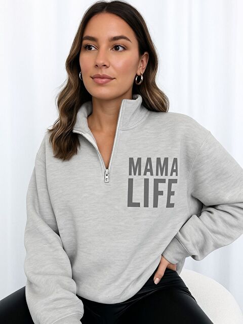 Trendseninle Kadın Gri Mama Life Baskılı Oversize Sweatshirt - S000266703-20600