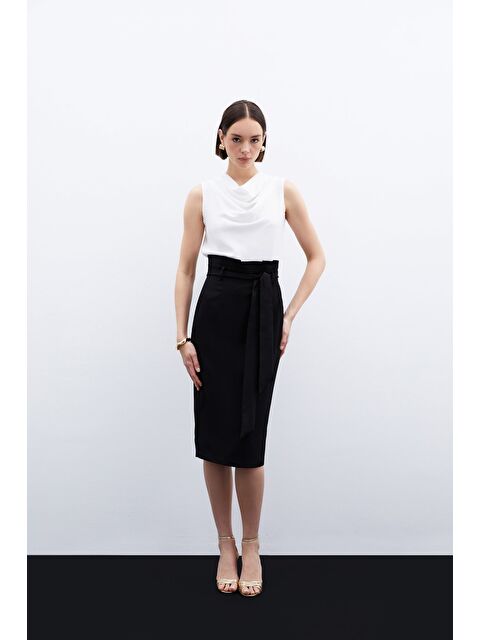 SATEEN Kuşaklı Kalem Etek - Siyah - S000324051-19351