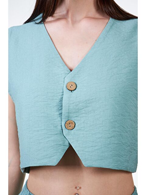 Chandraswear Yeşil Kadın Keten Görünümlü Crop Klasik Yelek - S000029033-18194