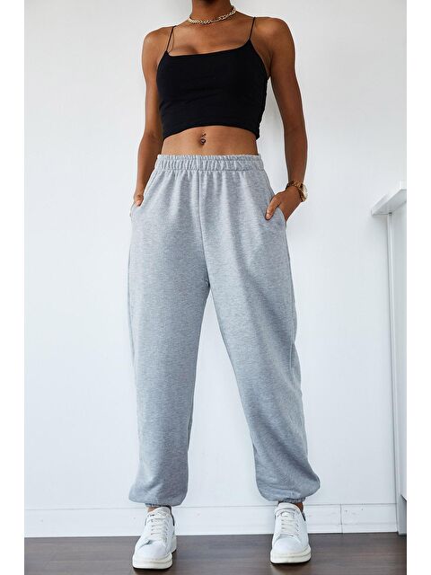 Xhan Gri Yüksek Bel Paçası Lasiktli Oversize & Bol Kesim Eşofman Altı 1KXK8-44536-03 - S000044546-20600