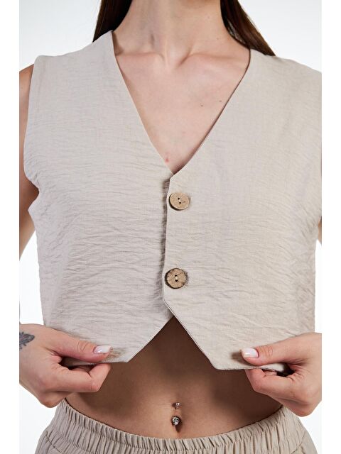 Chandraswear Bej Kadın Keten Görünümlü Crop Klasik Yelek - S000029033-19928