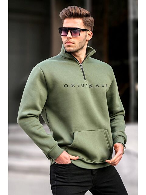 Madmext Haki Fermuar Yaka Nakışlı Sweatshirt 6028 - S000061451-18547