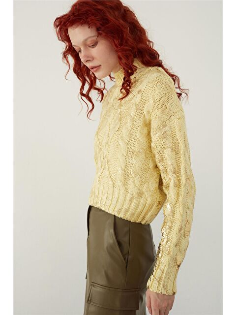 Sherin Sarı Dik Yaka Varak Baskılı Triko Kazak - S000102998-20072