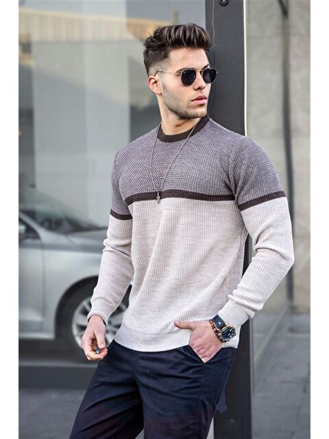 Madmext Bej Renk Bloklu Erkek Kazak 4734 - S000030362-19928