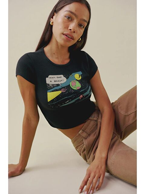 Madmext Siyah Baskılı Bisiklet Yaka Crop Tişört Mg1756 - S000029526-19351