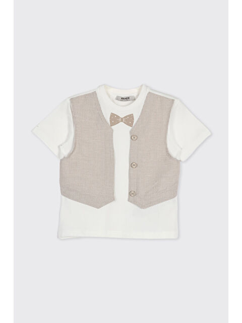 Panço Erkek Bebek Yelek Detaylı Yumuşak Dokulu Ekru Tişört