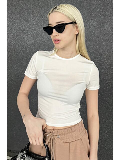 Madmext Beyaz Bisiklet Yaka Kısa Kollu Basic Tişört Mg1826 - S000029528-20063