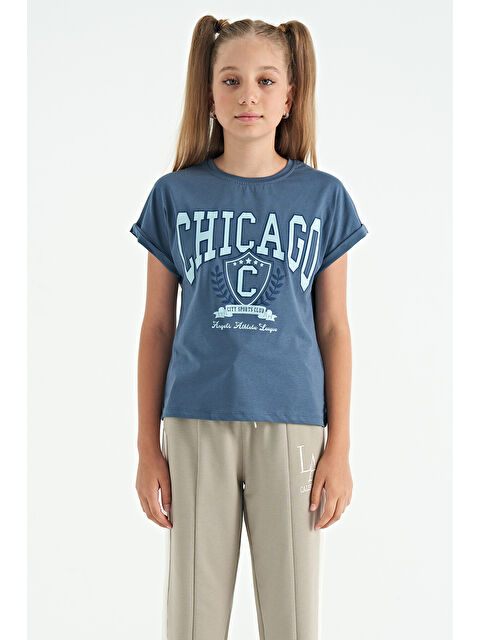 Tommylife Petrol O Yaka Düşük Omuzlu Rahat Form Kısa Kollu Kız Çocuk Tişört - 75128 - S000031207-20019