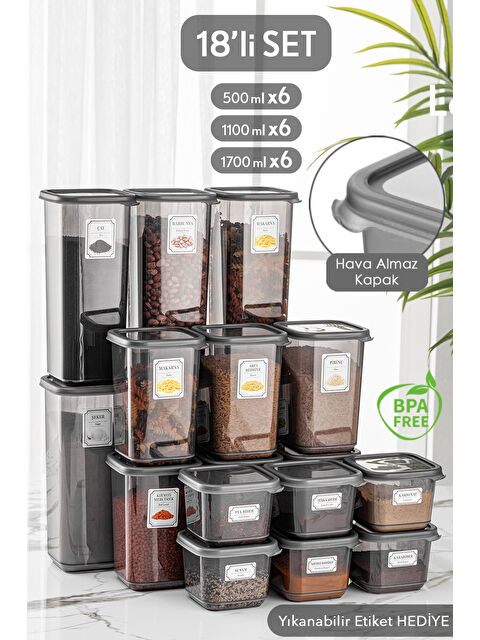Meleni Home 18'li Set Kapaklı Kare Erzak Saklama Kabı Antrasit 6x(0,50 lt-1,10 lt -1,70 lt) ETİKETLİ - S000033147-29666