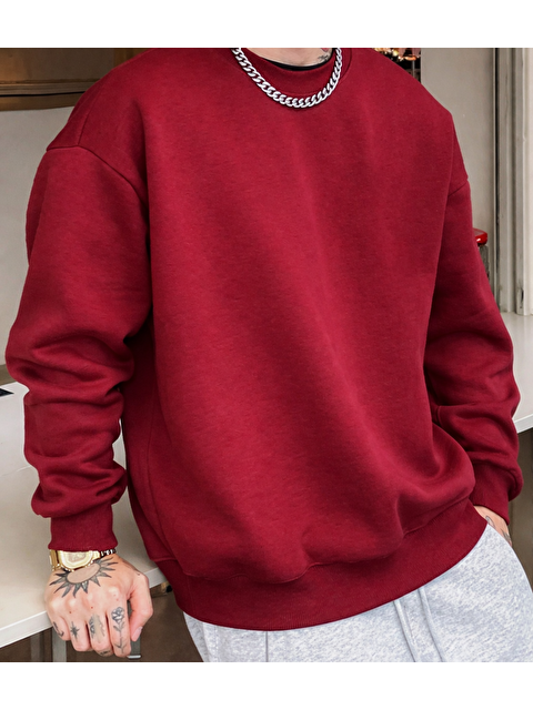 Trendseninle Erkek Bordo Baskısız Bisiklet Yaka Regular Sweatshirt - S000501590-19951