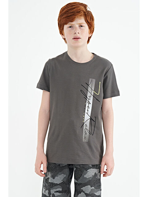 Tommylife Koyu Gri Yazı Baskılı O Yaka Standart Kalıp Erkek Çocuk Tişört - 11119 - S000030935-29351