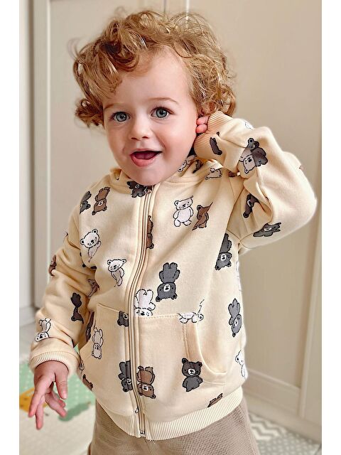 Breeze Erkek Bebek Hırka Sevimli Renkli Ayıcıklar Desenli Krem (9 Ay-3 Yaş) - S000484771-19966