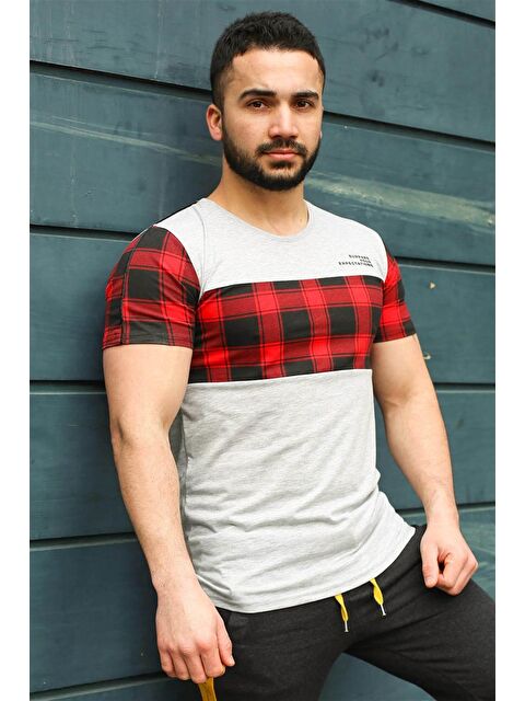 Madmext Bisiklet Yaka Ekoseli Beyaz %100 Pamuk Tişört 3004 - S000039687-20063