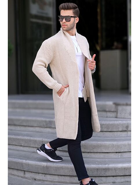 Madmext Taş Rengi Dik Yaka Cepli Uzun Triko Hırka 6816 - S000050696-25636