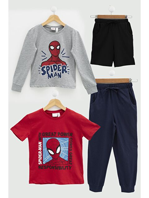 For You Kids 4'Lü Spider-Man Tshirt Şort Pantolon Takım - S000111421-20045