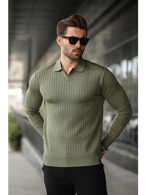 Madmext Haki Polo Yaka Çizgili Uzun Kollu Kazak 7239 - S000256166-18547