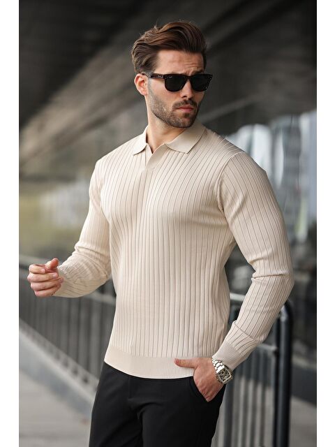 Madmext Bej Polo Yaka Çizgili Uzun Kollu Kazak 7239 - S000256166-19928