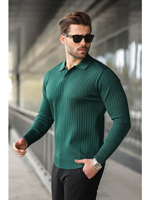 Madmext Yeşil Polo Yaka Çizgili Uzun Kollu Kazak 7239 - S000256166-18194