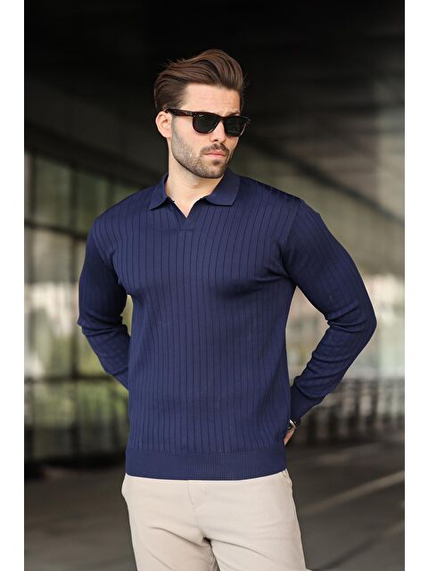 Madmext Lacivert Polo Yaka Çizgili Uzun Kollu Kazak 7239 - S000256166-21164