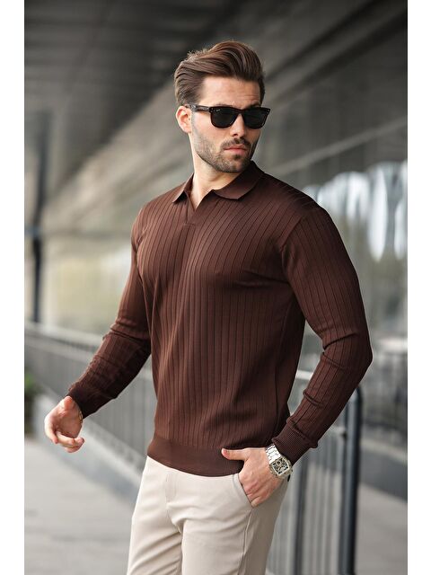 Madmext Kahverengi Polo Yaka Çizgili Uzun Kollu Kazak 7239 - S000256166-19413