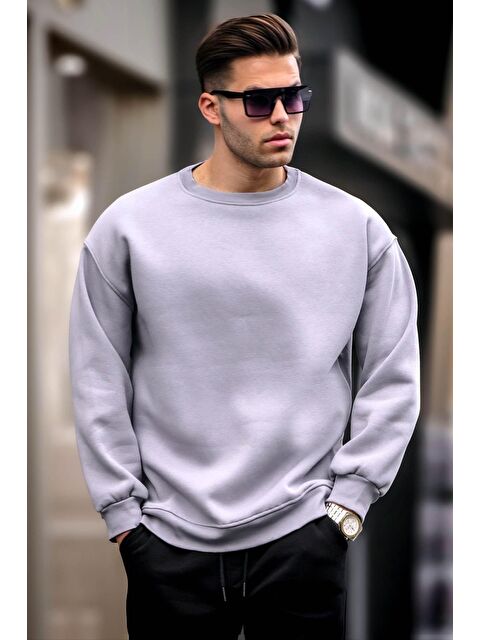 Madmext Boyalı Gri Bisiklet Yaka Oversize Şardonlu Basic Erkek Sweatshirt 6048 - S000061227-22875