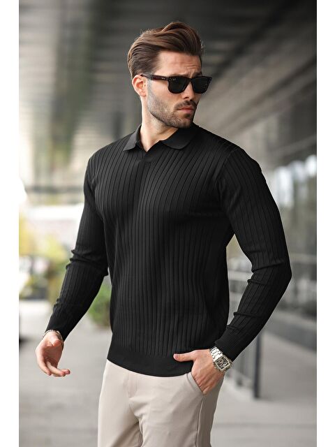Madmext Siyah Polo Yaka Çizgili Uzun Kollu Kazak 7239 - S000256166-19351