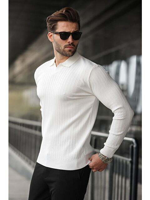 Madmext Beyaz Polo Yaka Çizgili Uzun Kollu Kazak 7239 - S000256166-20063
