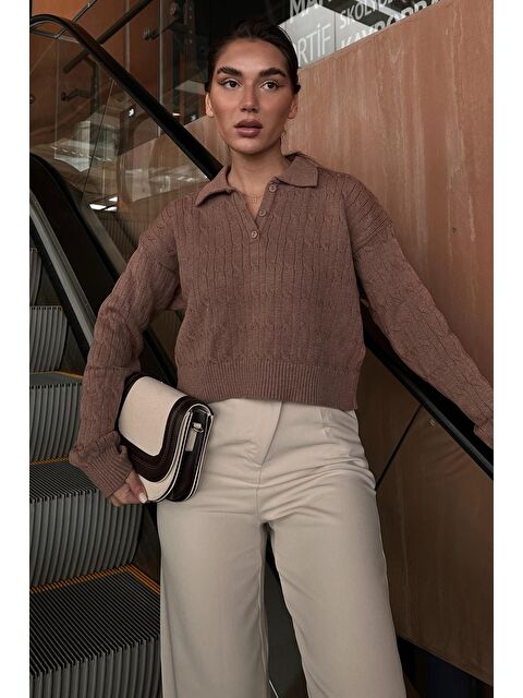 Madmext Vizon Saç Örgülü Polo Yaka Kadın Kazak Mg2310 - S000358134-26429