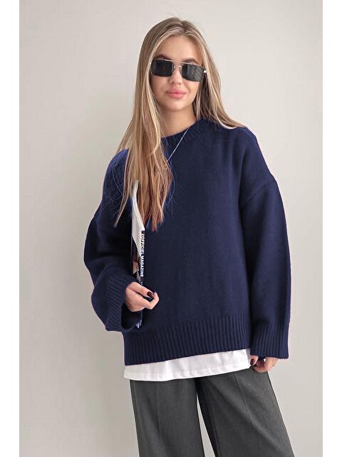 Madmext Lacivert Bisiklet Yaka Oversize Triko Kazak Mg1972 - S000127733-21164