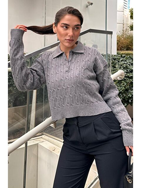 Madmext Antrasit Saç Örgülü Polo Yaka Kadın Kazak Mg2310 - S000358134-29666