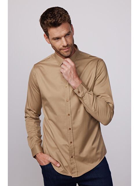 TUDORS Slim Fit Elastanlı Düz Pamuk Saten Erkek Kahve Gömlek - S000060675-19413