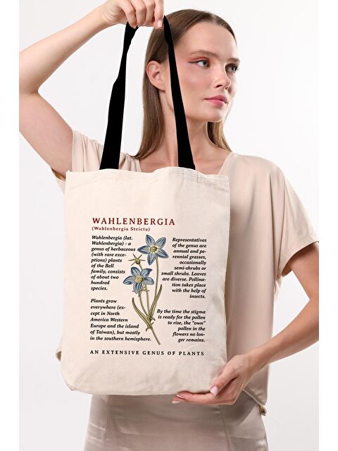 Bagg Siyah Kulplu Krem Kanvas Wahlenbergia Baskılı Bez Çanta - S000148731-19966