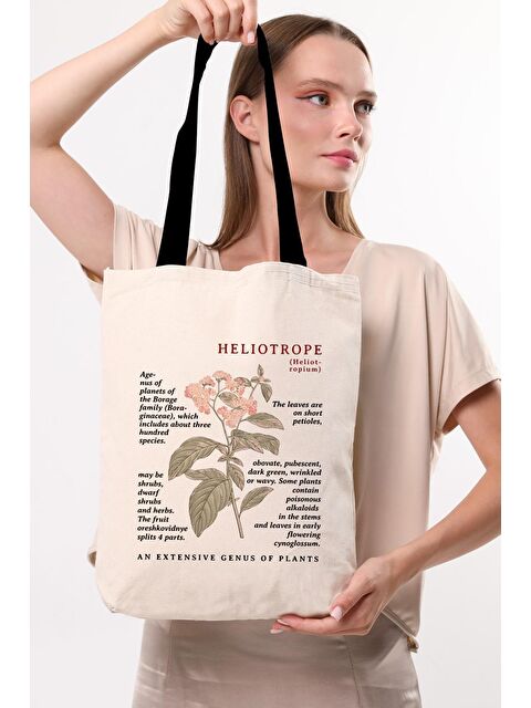 Bagg Siyah Kulplu Krem Kanvas Heliotrope Baskılı Bez Çanta - S000148835-19966