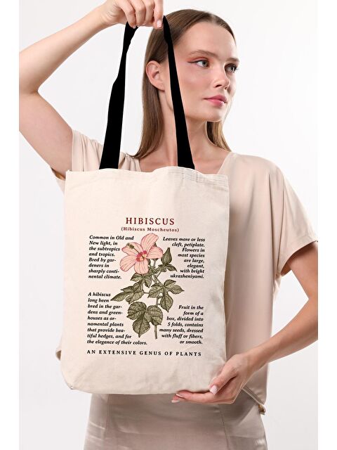 Bagg Siyah Kulplu Krem Kanvas Hibiscus Baskılı Bez Çanta - S000148838-19966