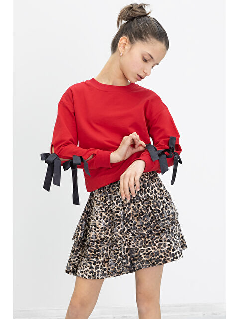 Cansın Mini Kırmızı Kolları Fiyonk Detaylı Badili Leopar Etekli Kız Çocuk Takım 20188 - S000334341-20045