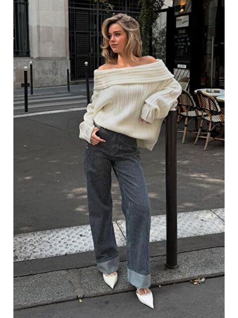 Madmext Ekru Madonna Yaka Kadın Kazak Mg2274 - S000345225-19965