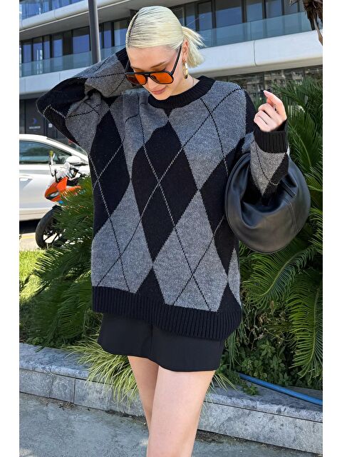 Madmext Siyah Baklava Desen Kadın Triko Kazak Mg2190 - S000345301-19351