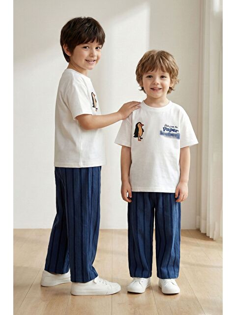 ZUZUNGA Paper Baskılı Erkek Çocuk Alt - Üst Takım Beyaz Lacivert