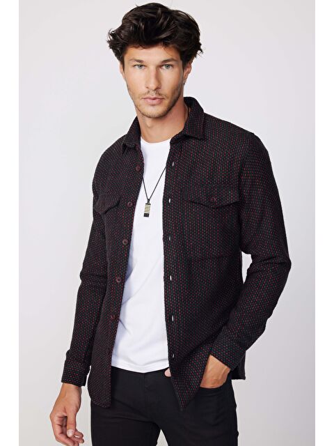 TUDORS Erkek Slim Fit Dar Kesim Uzun Kollu Çizgili Çift Cepli Kışlık Oduncu Gömlek - S000060715-23173