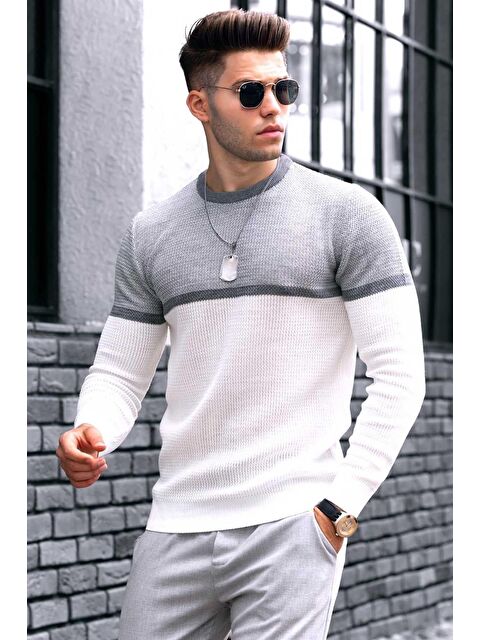 Madmext Beyaz Renk Bloklu Erkek Kazak 4734 - S000030362-20063