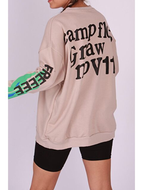 Madmext Bej Baskılı Oversize Sweatshirt Mg1206 - S000032243-19928