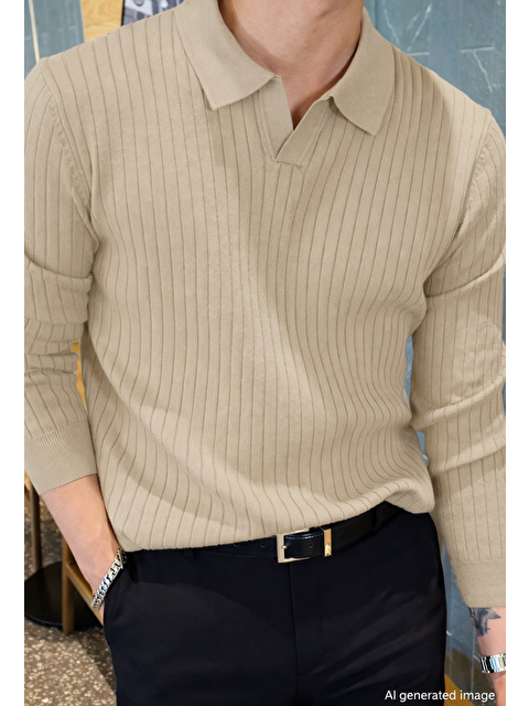 Tarz Cool Erkek Polo Yaka Fitilli Triko Kazak - S000141623-19928