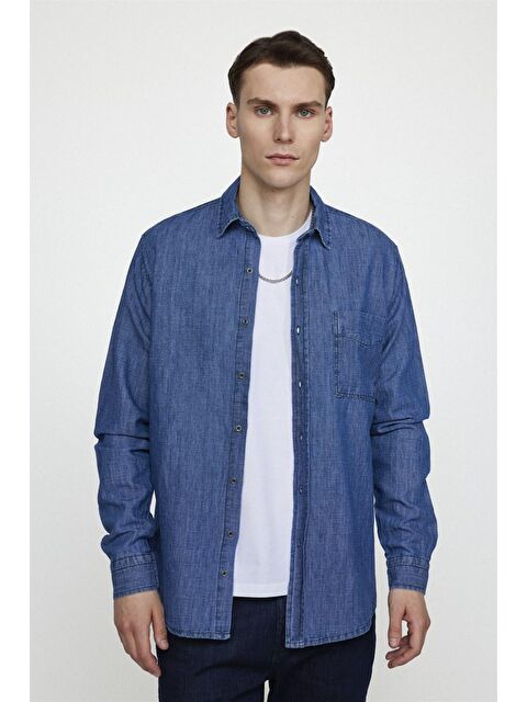 TUDORS Klasik Fit Rahat Kalıp Tek Cepli Pamuklu Kot Lacivert Jean Gömlek
