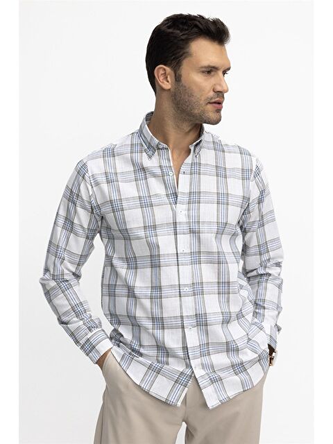 TUDORS Klasik Fit Uzun Kol Ketenli Ekose Erkek Gömlek