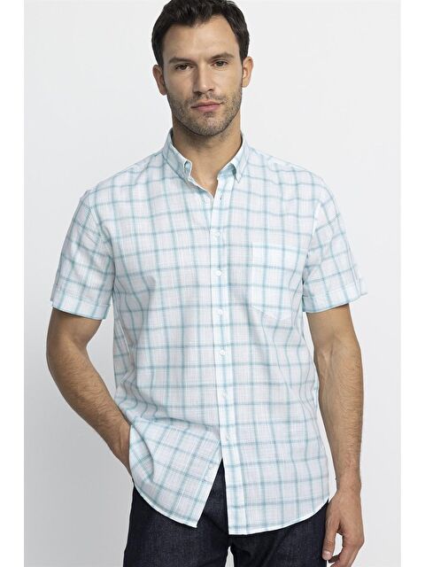 TUDORS Klasik Fit Kısa Kol Kareli Keten Erkek Beyaz Gömlek