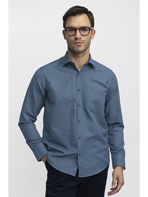 TUDORS Klasik Fit Uzun Kol Kravtalık Armürlü Erkek Petrol Gömlek