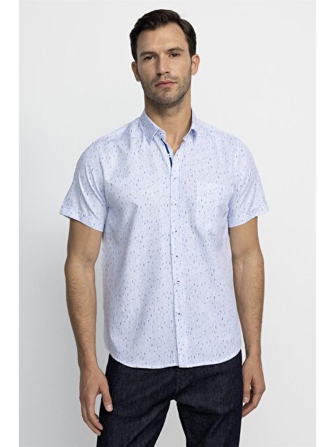 TUDORS Klasik Fit Kısa Kol Baskılı Spor Yaka Biyeli Erkek Beyaz Gömlek - S000024373-19351