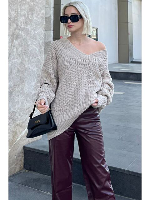 Madmext Taş Oversize V Yaka Triko Kazak Mg1440 - S000121858-25636