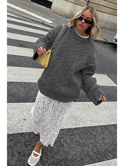 Madmext Antrasit Bisiklet Yaka Oversize Triko Kazak Mg1969 - S000145746-29666